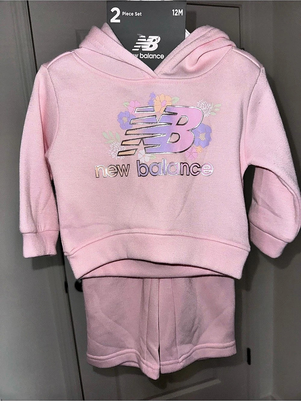 New Balance Infant Girls Pink Floral Hoodie and Jogger 2-Piece Set 12M